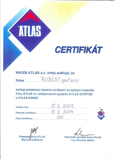 RUBEST spol. s r.o. - certifikát atlas stopter