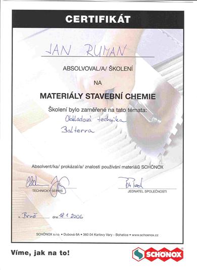 RUBEST spol. s r.o. - certifikát na materiály stavební chemie