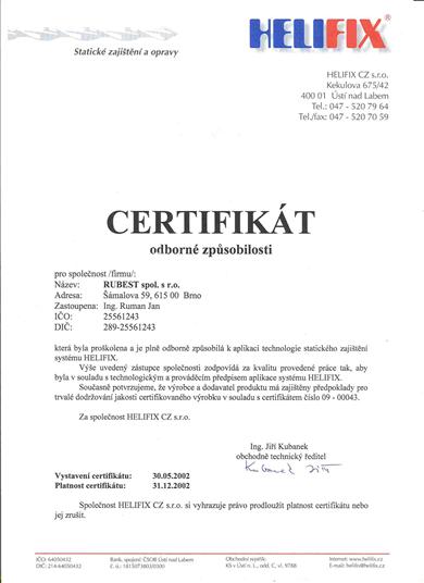 RUBEST spol. s r.o. - certifikát odborné způsobilosti