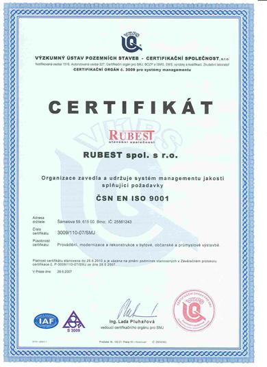 RUBEST spol. s r.o. - certifikát ISO 9001