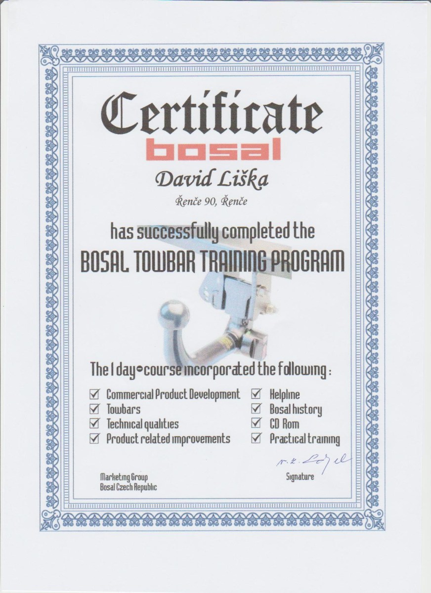 tažná zařízení Bosal - certifikát