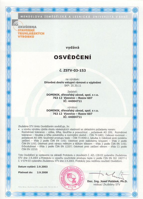Certifikát DOMINIK, dřevařský závod spol. s r.o.