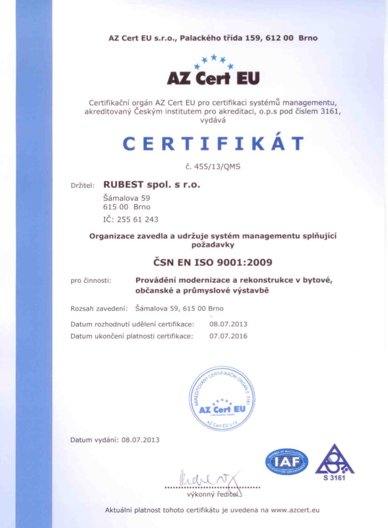 RUBEST spol. s r.o. - certifikát ISO 9001